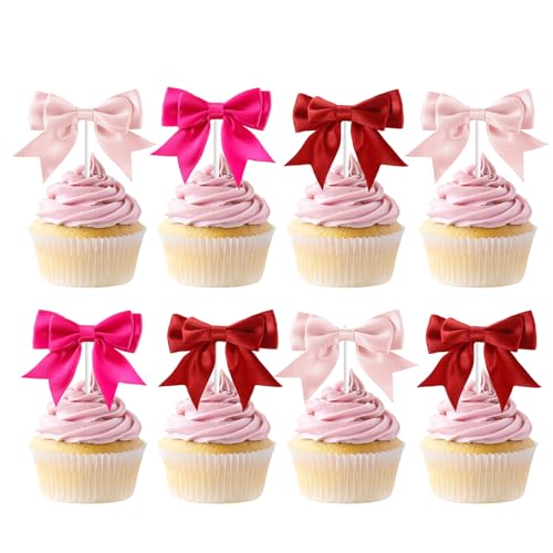 Kreatwow Pink Bow Cupcake Toppers Ribbon 25pcs Red Pink Bow Birthday Party Decoration Bowknot Cake Decor Bows Tie Birthday Tying The Knot Decor for Baby Shower Bridal Shower Bachelorette Wedding