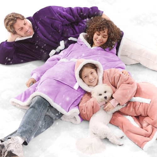 JOYWOO Purple Wearable Blanket Hoodie,Oversized Cat Lovers Sweatshirt Blanket for Adult & Teens,Birthday Gifts for Women Men Mom Girl Boys,Cozy Sherpa Blanket Giant Pocket Gifts,Dark Purple Small