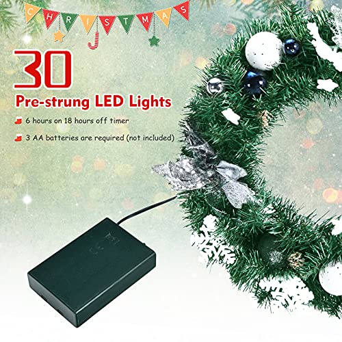 Goplus 20” Pre-Lit Artificial Christmas Wreath With Lights, Battery Powered Pvc Christmas Wreath W/ 30 Led Lights, Balls, Snowflakes & Flowers, Built-In Timer, Xmas Decor For Front Door Mantel #TOP4