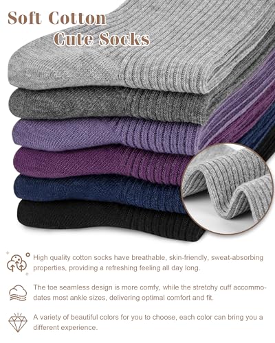 Image of YSense Women's Cotton Crew Socks 6 Pairs, Long Cute Aesthetic Neutral Athletic Boot Socks for Women Stocking Stuffers Gifts
