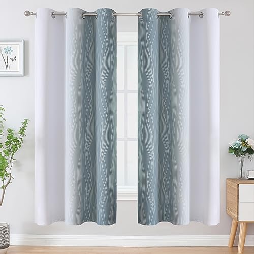 Estelar Textiler Stone Blue and Greyish White Ombre Blackout Curtains 72 Inches Length for Bedroom, Thermal Insulated Light Blocking Grommet Gradient Blackout Drapes for Living Room, 42Wx72L, 2 Panels
