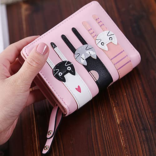 Valentoria® Birthday Gifts For Women's Mini Faux Leather Bifold 3 Cat Design Clutch Wallet (Pink) #TOP5