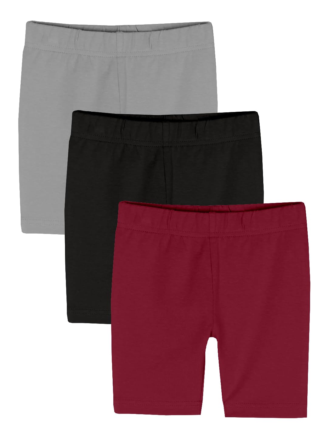 KiddoPanti Girls Cycling Shorts Pack of 3 | Soft & Stretchy Cotton Spandex | Comfortable Fit with Elastic Waistband | Tigh Length Girls Inner Cycling Shorts, Lt Grey/Black/Maroon - 3-4Y