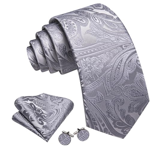 Image of Barry.Wang Men Tie Set Paisley Silk Necktie Pocket Square Cufflinks Formal Wedding Business Party