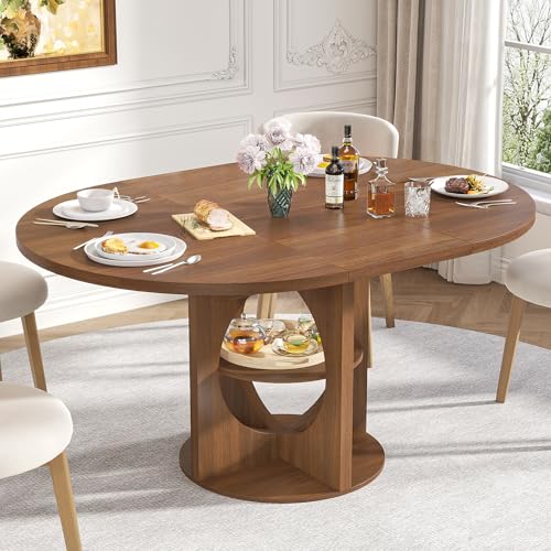 Modern Extendable Round Dining Table for 4-6, 43-59 Inch Oval Dinner Kitchen Table with Storage, Wood Walnut Circle Table with Leaf, Space Saving, for Dining Room, Living Room