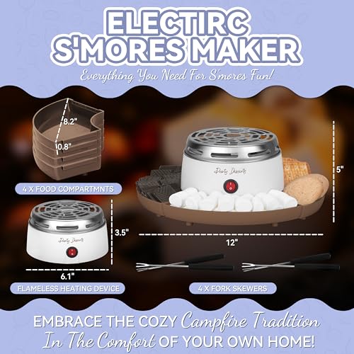 Image of Party Desserts Electric Smores Maker Tabletop Indoor Kit, Indoor Marshmallow Roaster, Smores Station with 4 Compartment Trays & 4 Forks, Great Gift for Adults and Kids in Holidays and Parties (Brown)