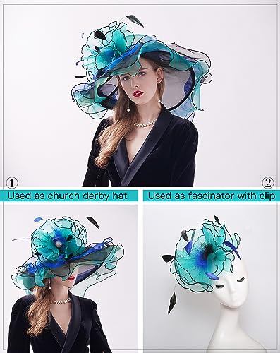 Z&X Womne\'s Dual-use Organza Church Kentucky Derby Hat Bow Fascinator Clip Wide Brim Ruffles Wedding Hat Blue Green, #03a- Green and Black, One Size