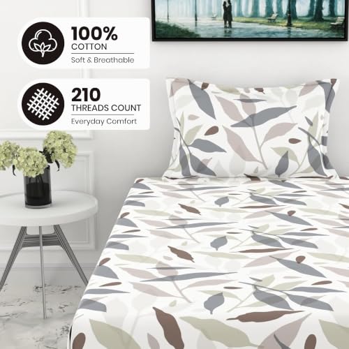 Image of LORETO - A QUALITY LINEN BRAND 210 TC 100% Pure Cotton Single Fitted Bedsheet with 1 Pillow Cover for 78 x 36 Inch Mattress, All-Around Elastic, 8 Inch Deep Pocket, Grey Leaf Whisper