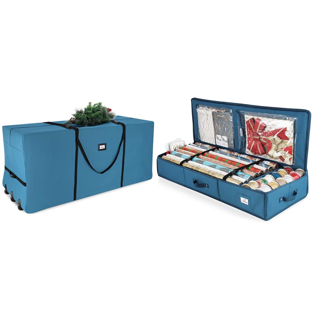 Photo 1 of Hearth & Harbor Christmas Extra Large Rolling Storage, Steel Blue & Luxury Christmas Organizer Wrapping Paper Rolls Bed Container, Storage Box for Holiday Accessories, 22, Steel Blue Rolling Storage + Container, Steel Blue