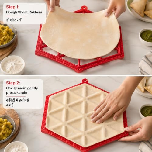 Image of Samosa Maker Mould, 24 Cavity ABS Plastic Tray - Red | Sealing dots, ABS plastic body, makes 24 samosas at once; keep filling away from edges for better sealing, Made in India