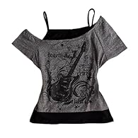 Unique Fake Two-Piece Design: This women's emo grunge t-shirt features a trendy fake two-piece design, offering a layered look without the bulk. Perfect for streetwear lovers, this vintage Y2K guitar graphic baby tee captures the essence of goth and ...