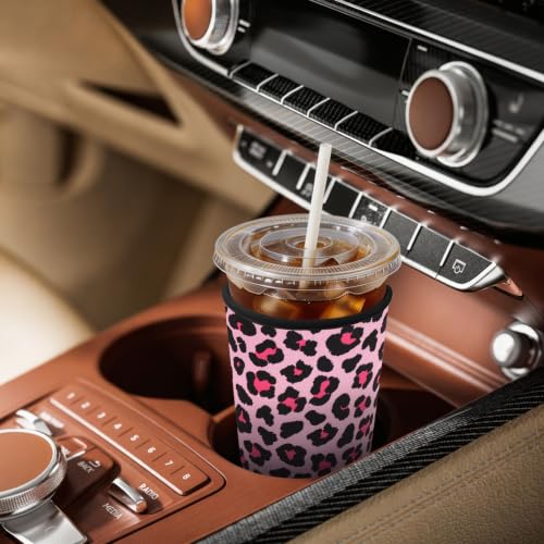 Image of Insulated Neoprene Cup Sleeve for Iced Coffee & Cold Soda - Reusable & Sweatproof, Keeps Drinks Cold Longer, Coffee Coolie for Hot & Iced Drinks (Pink Leopard Print, Large: 32oz)