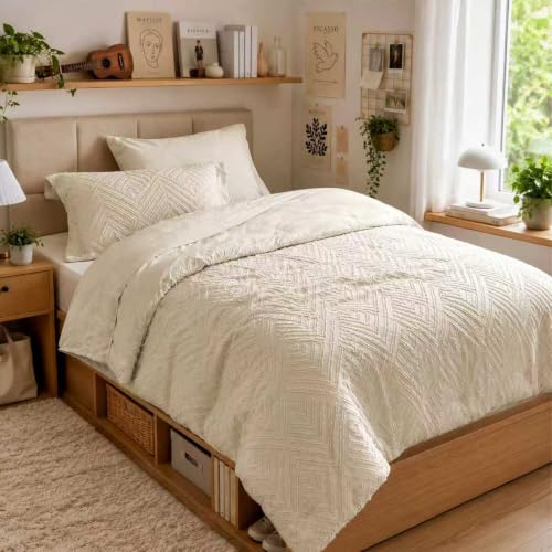Image of Zzlpp Twin XL Comforter Set 5 Pieces, Beige Tufted Bed in a Bag with Comforter and Sheets, All Season Boho Bedding Sets with 1 Comforter, 1 Pillow Sham, 1 Pillowcase, 1 Flat Sheet, 1 Fitted Sheet