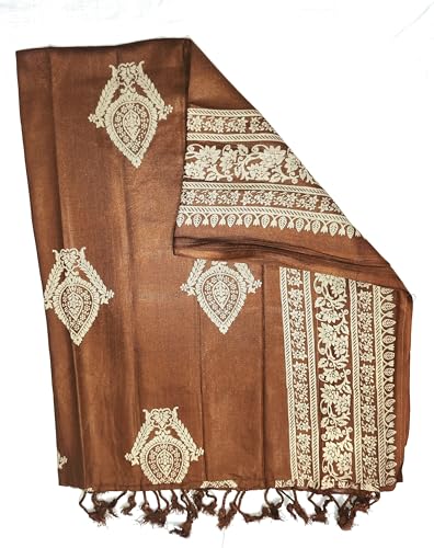 Image of Brown Silk Dupatta for Women | Floral Embroidered Stole with Tassel Ends | Traditional Indian Wrap Scarf