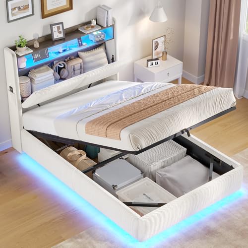 Lit Coffre 90×200 avec LED RVB à 360° et Multiprise, Lit 1 Personne avec Tête de Lit Capitonné et Rangement Caché|lit enfant 90x190|lit coffre 90x190|lit 90 x 190 avec sommier,Velours Côtelé Beige