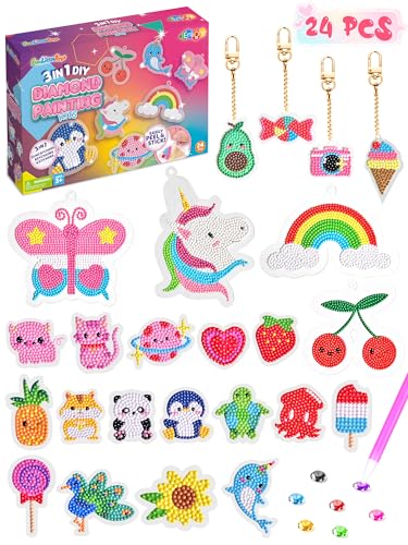 FUN LITTLE TOYS 24Pcs Diamond Art Kits, Diamond Painting Kits, Arts and Crafts for Kids Ages 6-12, Gem Art As Gifts Ideas for Girls and Boys, Small Diamond Painting Stickers, Kids Craft Age 6+