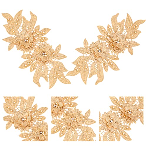 NBEADS 2 Pairs 3D Lace Applique Patches, Goldenrod Sew on Embroidery Lace Flower Patches Floral Motif Beaded Rhinestones Lace Trim Fabric Pearl Appliques for Sewing Wedding Bride Dress Shoes Decor
