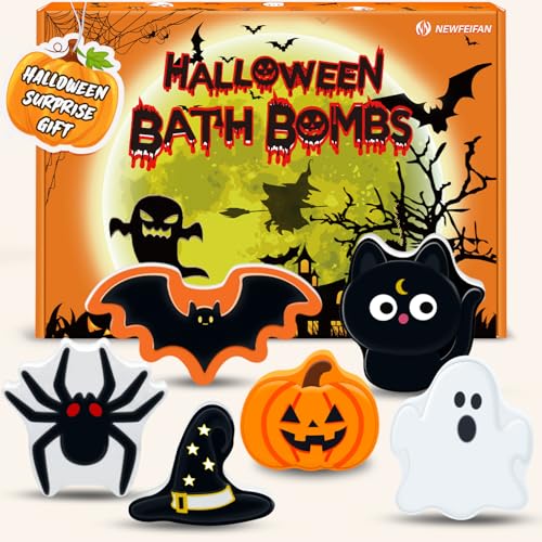 Halloween Bath Bombs Set for Kids, Boo Basket Stuffers for Women, Boys & Girls Spooky Celebration Gift, Handmade 6 Fun Shapes Hallowen Trick o Treat Party Favors for Kids