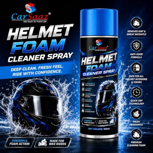 Image of CAR SAAZ Helmet Foam Cleaner Spray 150ml for Helmets | Deep Cleaning & Dirt Remover Formula For Helmet with Odor Control, Anti-Bacterial Protection & Long-Lasting Fresh Feel| Safe For Skin & Hair