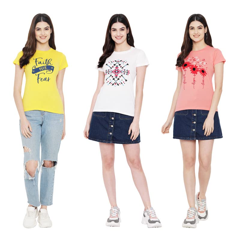Image of Preneum Women's Cotton Regular Fit Graphic Stylish Printed Short Sleeves Casual T-Shirt || Trend & Stylish (Pack 3), Yellow & White & Pink, L