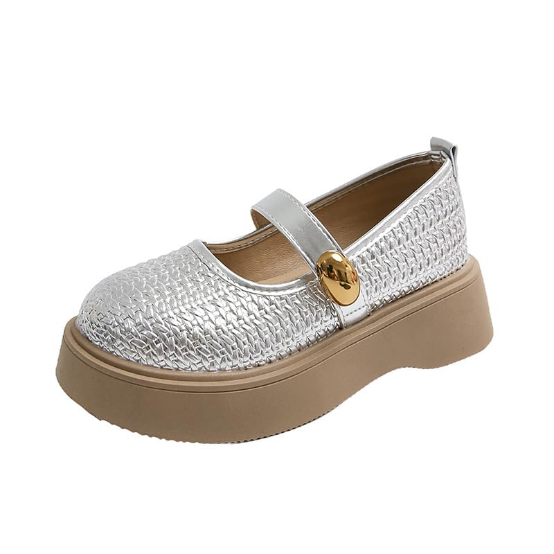 NICO×ASH Women's Mary Jane Flats with T-Strap & Buckle, Chunky Sole Silver Woven Platform Shoes for Casual & Dressy Daily Wear