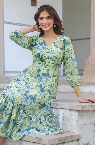 Image of Janasya Women's Light Green Georgette Floral Printed A-Line Dress