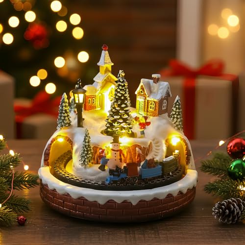 Christmas Village Decoration with Spinning Train & Christmas Tree, Musical Collectible Buildings, 8 Songs, LED Lights, Timer Function, and Dual Power (USB or Battery) - Perfect Holiday Decor & Gift