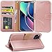 Arae Compatible with iPhone 13 Case[ Not for iPhone 13 Pro] with Card Holder and Wrist Strape Wallet Flip Cover for iPhone 13 6.1 inch-Rose Gold