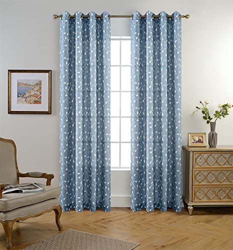 Miuco Floral Embroidered Semi Sheer Curtains Faux Linen Grommet Window Curtain For Living Room 52 X 84 Inch 2 Panels, Dusty Blue #TOP1