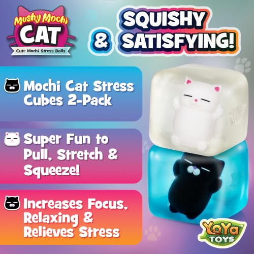 YoYa Toys MushyMochi Cat – Squishy Cubes 2-Pack – Fidget Cube Stress Balls with Mochi Cats – Cute Kawaii Stretch & Squeeze Squishies, Cool Cat Calming Sensory Toy – Great Gift for Kids - Boys & Girls