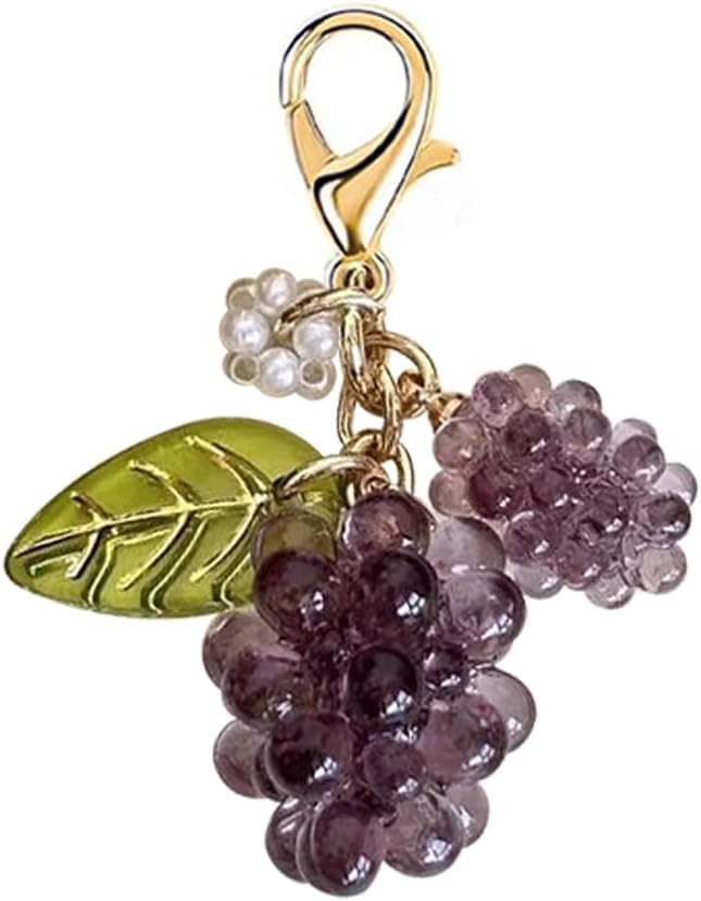 Grape Resin Charm Pendant with Glassy Leaves, Lobster Clasp, for Backpacks and Wallets