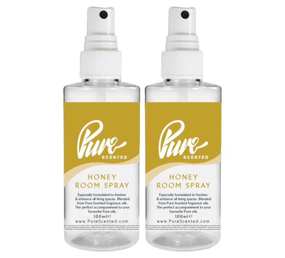"Pure Scented 200ml Room & Fabric Sprays 2 x 100ml Suitable For Home, Car, Caravan, Work, Gym Bags, Odour Eliminators (2 x 100ml, Honey)"