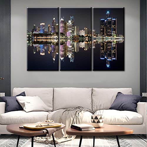 Panoramic Detroit Cityscape Picture, Black and White Michigan Night Skyline Stretched Canvas Art Prints, Wall Decoration for Bedroom or Office, Framed and Ready to Hang - 40‘’ x 20‘’ x 3 panels