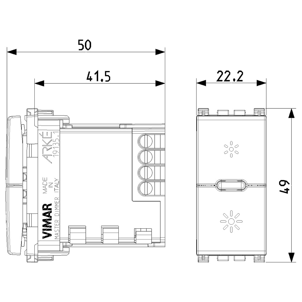 Vimar 19135.1 Universal-Dimmer 230V 50Hz, Phasenanschnitt, für Glühlampen, elektronische Trafos, LED-Lampen, EIN/AUS-Steuerung und Regelung über integrierten Taster, im Dunkeln sichtbar, Grau