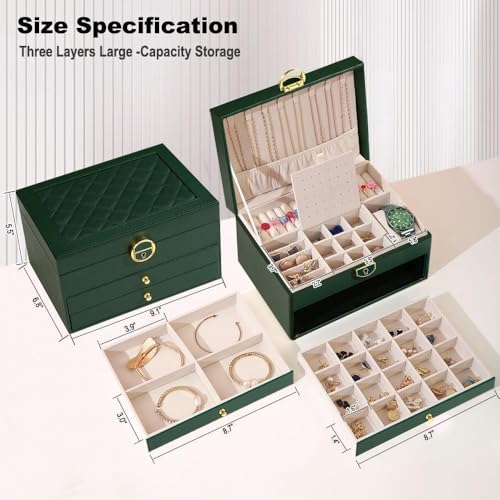 Image of Vlando 3 Layer Jewellery Organiser Box, Large PU Leather Jewelry Storage Case With Drawers, Earrings, Rings, Necklaces Holder | Luxury Jewellery Box For Women & Girls Gift (Green)