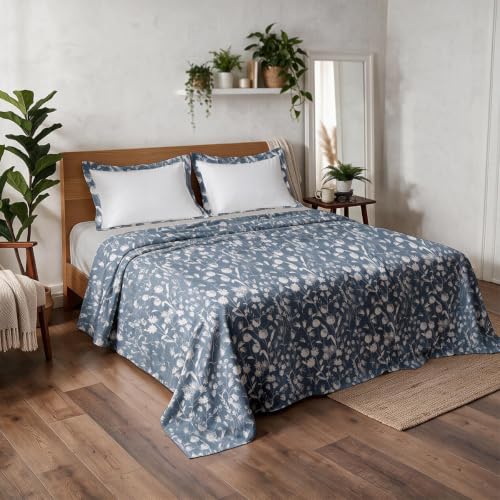 Image of Linen Home Cotton Percale Flat Bedsheet Set King Size Blossomy Blue