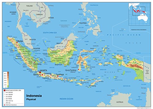 Indonesia Mapa mural de física – papel laminado A2 Size 42 x 59.4 cm