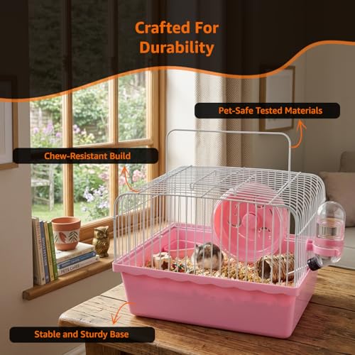 Image of Amazon Basics Hamster, Gerbil, Guinea Pig Cage and Playhouse | Pink | Spacious for Small Pets|Plastic | Double Story with Slide, Exercise Wheel and Feeding Bottle | LxWxH- 23x 17x 25 Cm