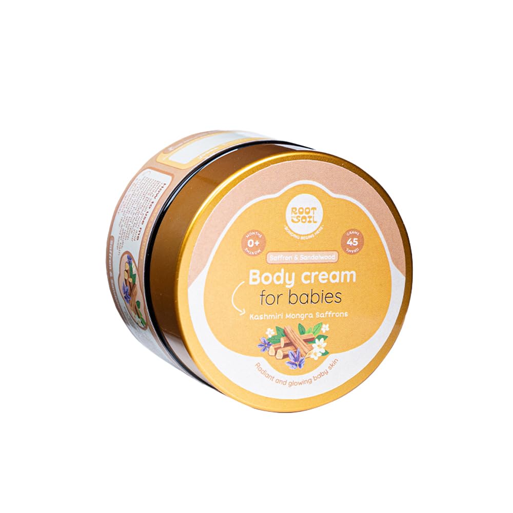 ROOT and SOIL - Saffron & Sandalwood Body Cream for Babies | Luxurious Blend of Almond Oil and Saffron Water | Light Weight Non-Greasy Formula | 45 g (3+ months to 8 years).