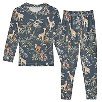 Mnsruu Animals on Giraffe Child Pajamas Set Long Sleeve Soft Cotton Kids Sleepwear 2 Piece for Boys and Girls
