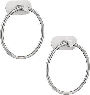 Self-Adhesive Towel Ring for Bathroom, No Drilling Stainless Steel Rustproof Hand Towel Holder, Wall Mounted Kitchen Towel Hanger with Strong Adhesive, Modern Bath Organizer Brushed Nickel 2 Pack