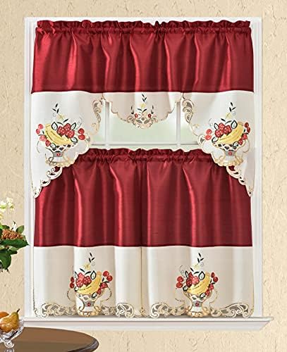 All American Collection Modern Contemporary 3pc Embroidered Home Kitchen Window Treatment Curtain Set (Swag Valance, Red Fruit Basket)