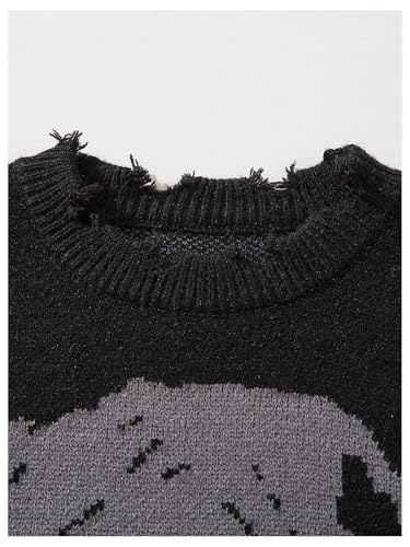 SHENHE Men's Oversized Skull Sweater Gothic Crewneck Long Sleeve Ripped Punk Sweater Pullover4