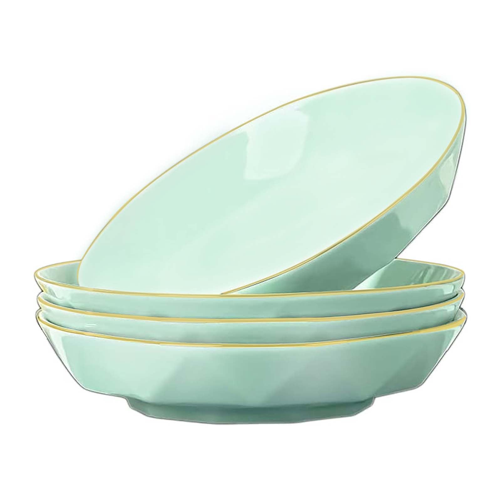 Wpslnwo Diamond Salad plates Set of 4,18k Gilded Ceramic 24 Ounce 8-inch Plate,Deep plates,Soup Dish,Thick and Solid Dinnerware Set,underglaze Pea Green Microwave Oven Safety