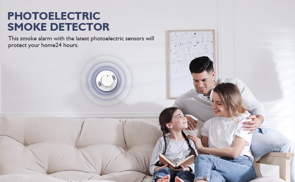 Miniatura 8 de Alarma de humo fotoeléctrica independiente, sin red, de alto decibelio (85 dB), parpadeo LED, botón de prueba silencioso, fácil instalación,