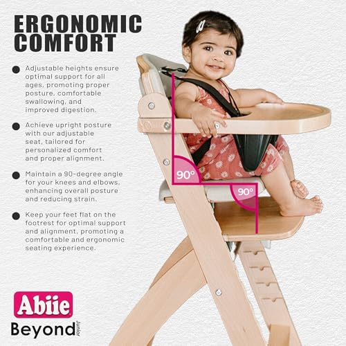 abiie beyond junior wooden high chair with tray - adjustable and convertible high chair for babies and toddlers - 6 months to 250 lb - water resistant - natural wooddove grey cushion
