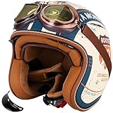 Casque Moto Vintage Casques Jet avec Visière Casques Bols Casque Mobylette pour Adultes Homme Et Femme avec Lunettes Homologué Dot/ECE Rétro Demi Casque Moto Vélo Scooter Chopper D,S55-56CM