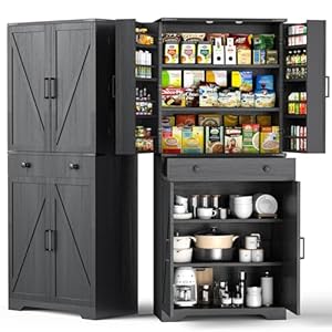 72″ Tall Farmhouse Kitchen Pantry Cabinet, Large Storage Cabinet with 6 Adjustable Shelves, 4 Barn Doors & Drawer for Bathroom, Dining Room, Black