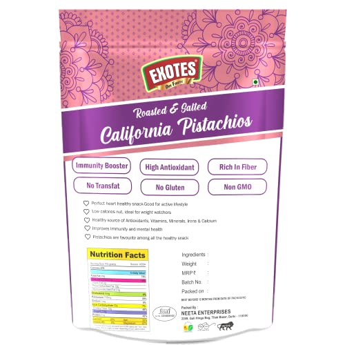 Image of Exotes Roasted and Salted Pistachios (Pista) 250 Grams - Tasty Crunchy Snack Rich in Protein and Fiber, Great for Kids During Study Time and Office Breaks and Easy Use in Household Recipes or Guest Serving