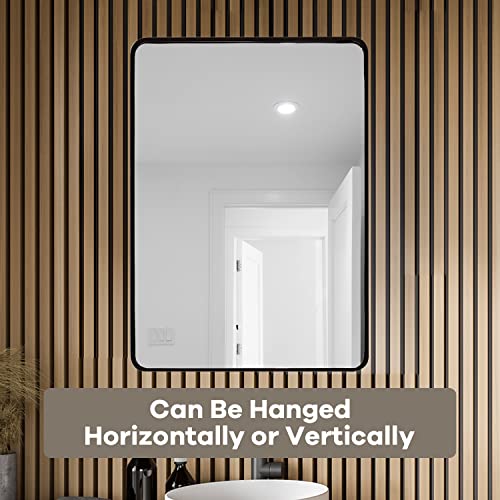 Matte Black Bathroom Mirror For Wall 22"X28" -Rectangular Aluminum Metal Frame With Round Corners-Wall Mounted With Glass Panel-Vanity For Decoration Hanged Vertically/Horizontally #TOP2